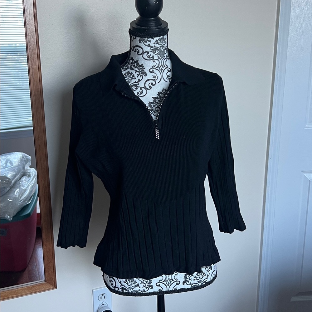 Belldini Black Ribbed 3/4 length sleeve rhinestone zipper Sweater